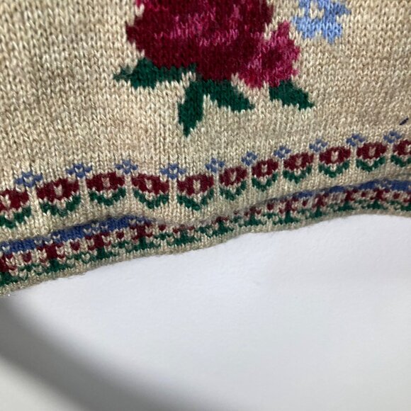 Womens Vintage 90s Dana Scott Floral Sweater Crew Neck Tan Red M Acrylic - Picture 6 of 8